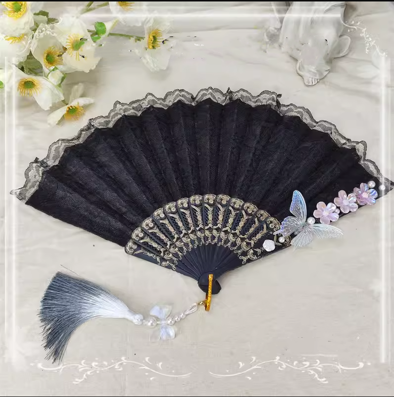 Cocoa Jam - Han Lolita Fan Decorative Folding Fan with Butterfly and Flowers Tassel dark purple