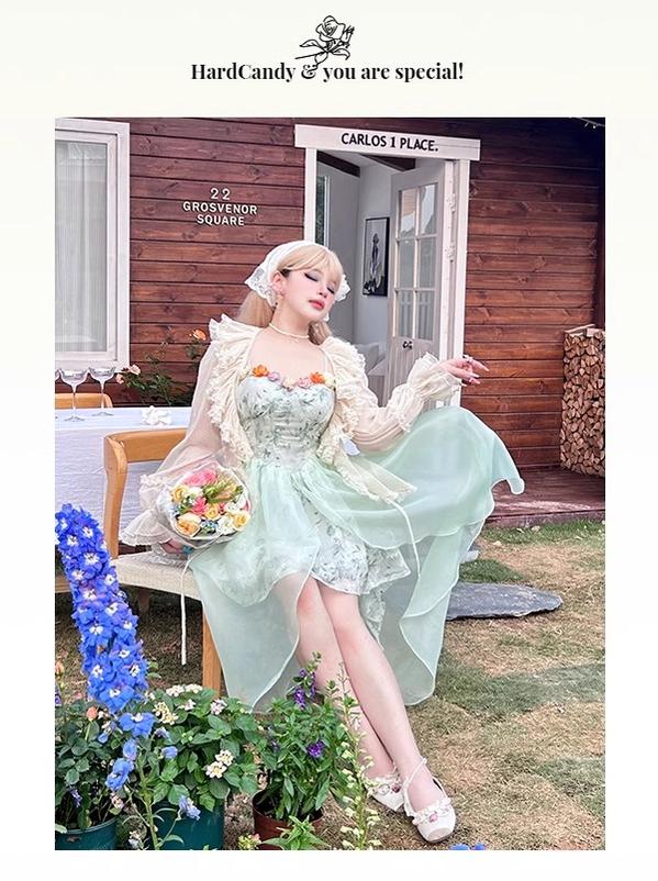 Yingtang~Plus Size Green Lolita Jumper Dress Spring Floral Lolita Dress Caidigan Set   