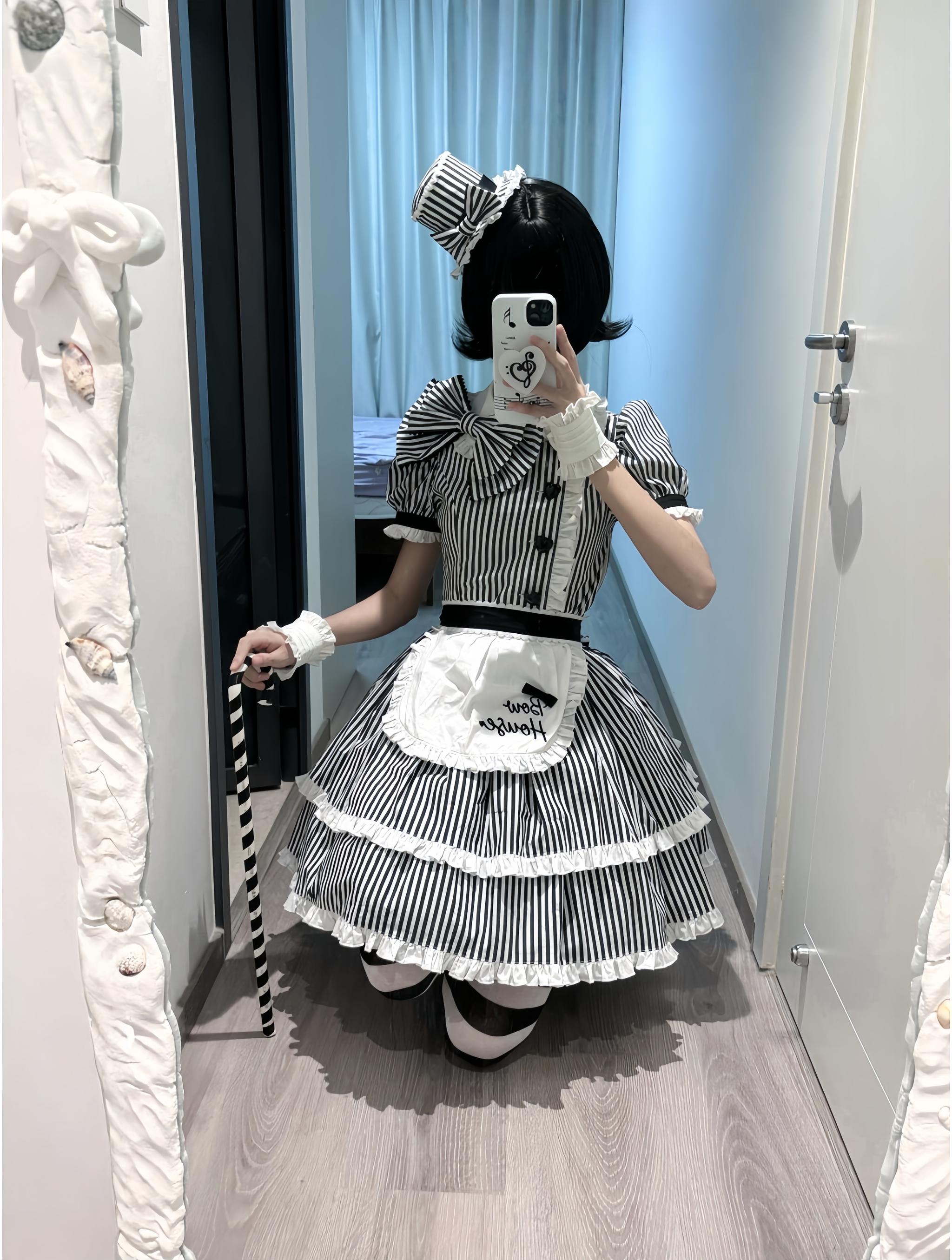 Ever-charming Miss Stripes - Striped Old School Lolita OP Dress, Detachable Apron 44920:827755