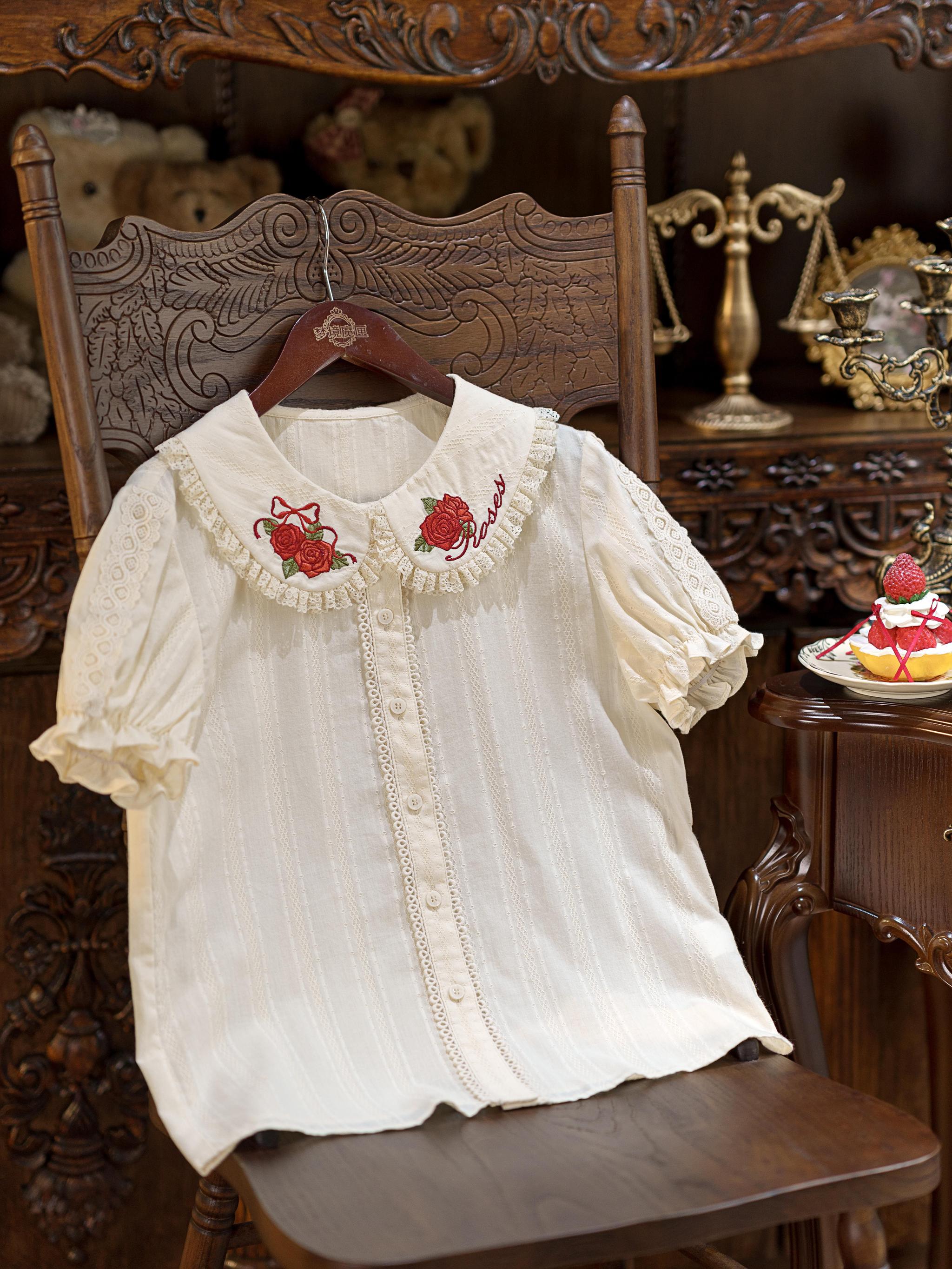 Abundant Tea Time - Kawaii Lolita Blouse, Cotton & Embroidery Red Rose S