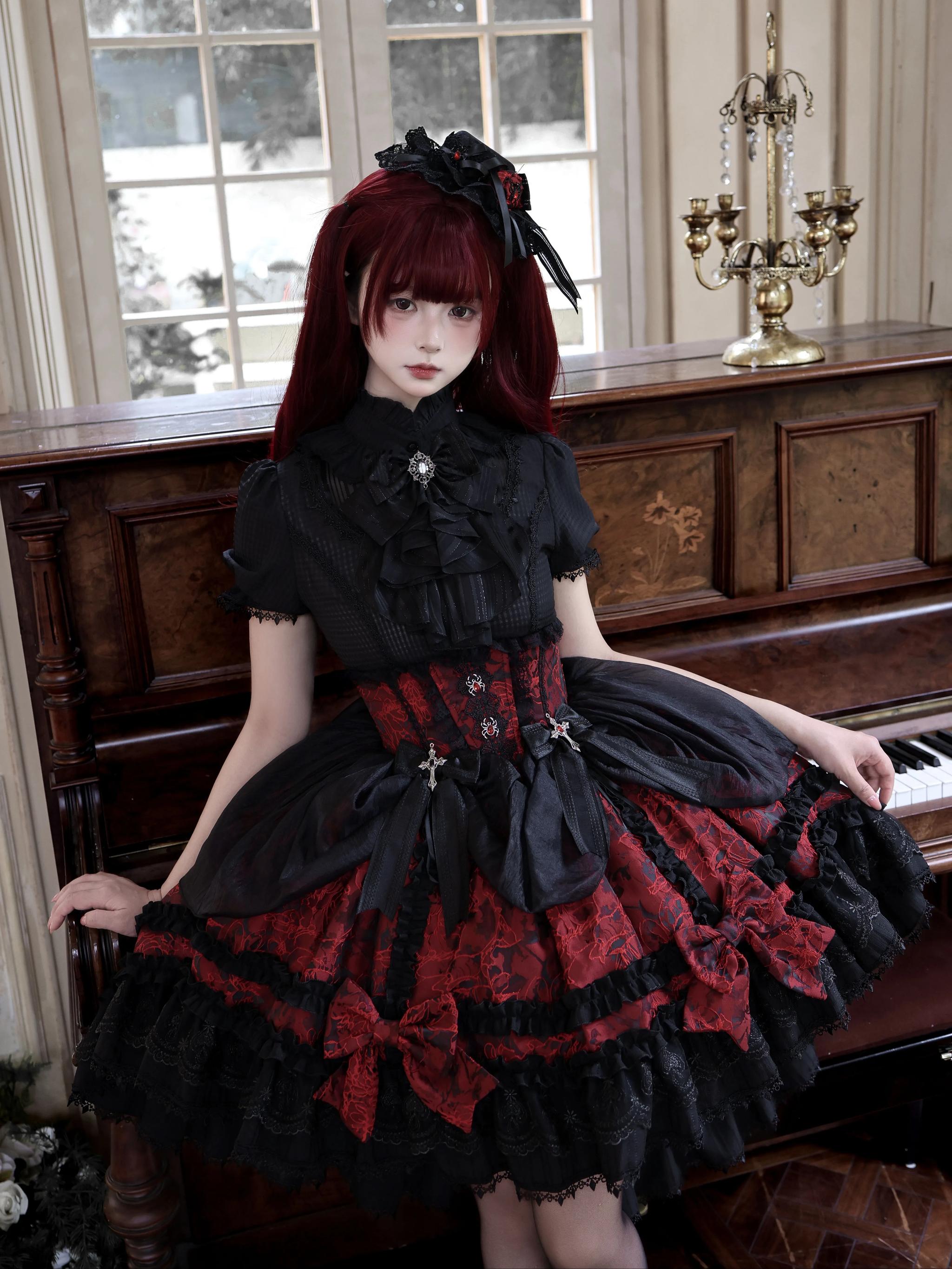 Spider Cross Knot - Gothic Lolita Skirt Set, High-low Hem and Fishbone Waist 45733:860159