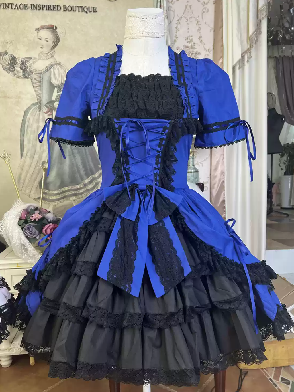 Lace Garden - Miss Rella - Vintage Retro Lolita OP Dress, Custom Sizes Royalblue XS