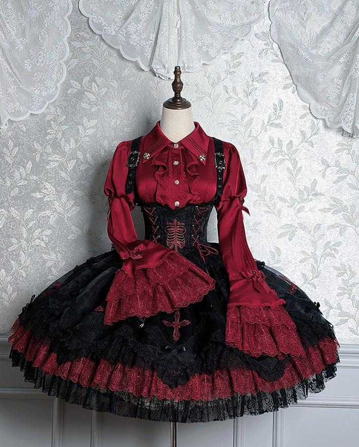 Dark Fog Feast - Gothic Lolita Bust-support Strap Dress, Lace & Cross Black & Red Bust-support Strap Dress + Red Blouse XS