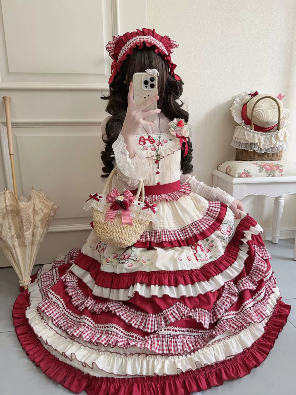 Hanguliang - Strawberry Basket - Country Lolita JSK Dress, Strawberry Embroidery 44283:802171