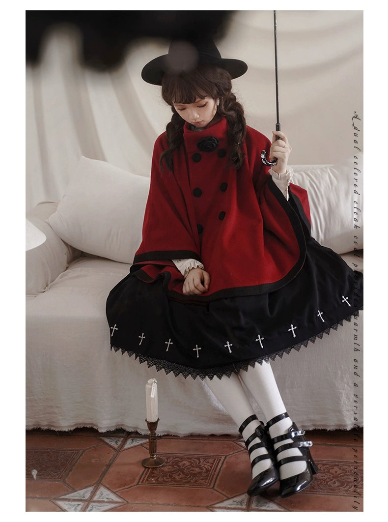 Urtto~Lolita Woolen Coat Autumn Winter Elegant Red and Cream Cloak   