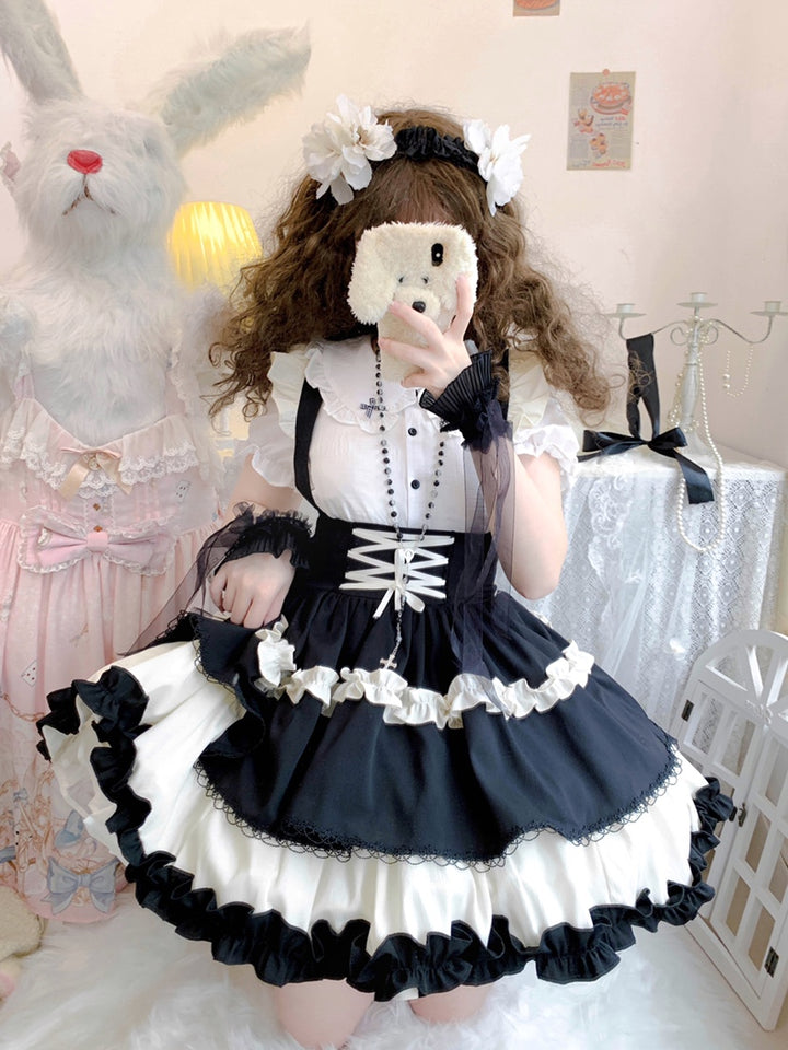 Qianmu~Lollipop~Kawaii Lolita Suspender Mini SK with Tiered Ruffle and Multicolor (L M S) 42407:739221