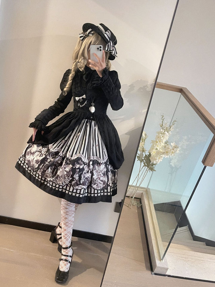 (Buyforme)Little Bear~Gothic Lolita Black and White Striped JSK Set   