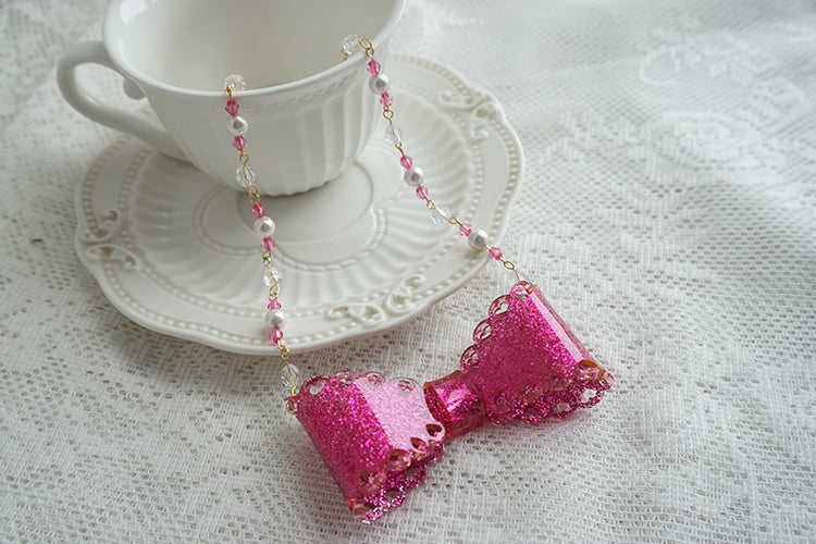 (Buyforme)Cat Tea Party~Handmade Sweet Lolita Beaded Bow Necklace rose red  