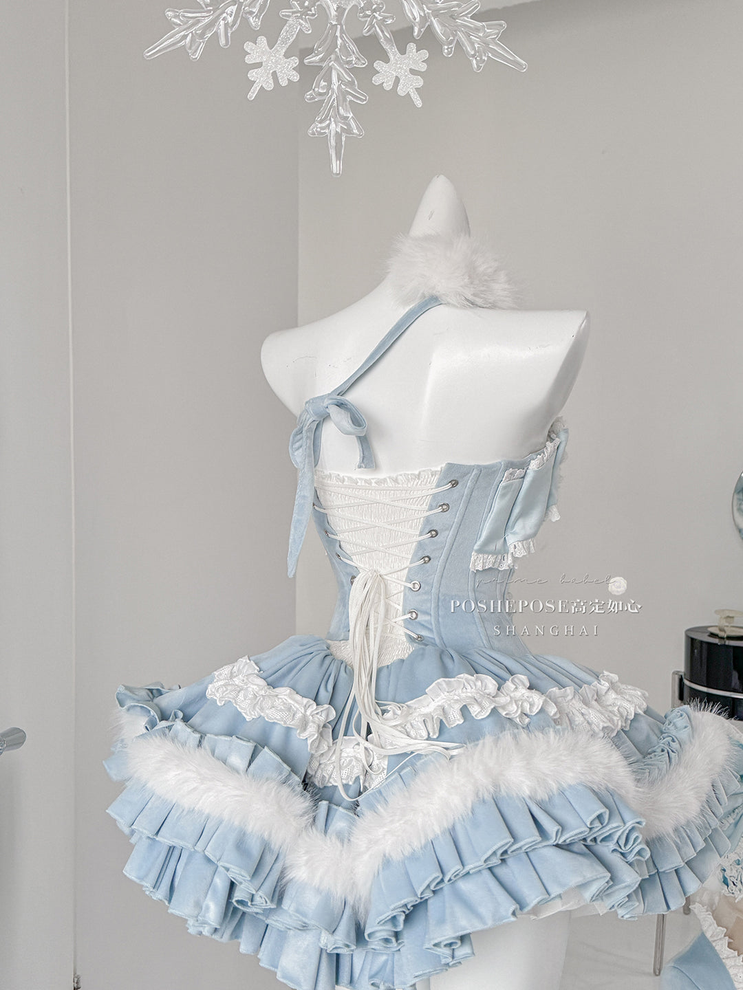 POSHEPOSE~Chuling Swan Lake~Sweet Lolita JSK Set Velvet Blue Dress for Prom 42865:755895
