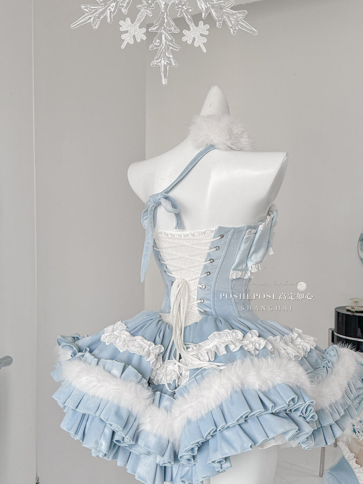 POSHEPOSE~Chuling Swan Lake~Sweet Lolita JSK Set Velvet Blue Dress for Prom 42865:755895