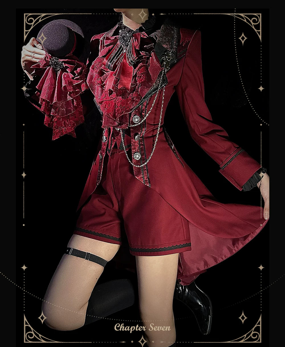 Chapter Seven - Jacquard Faux Two-piece Coat Set, Ruffled Collar Shirt