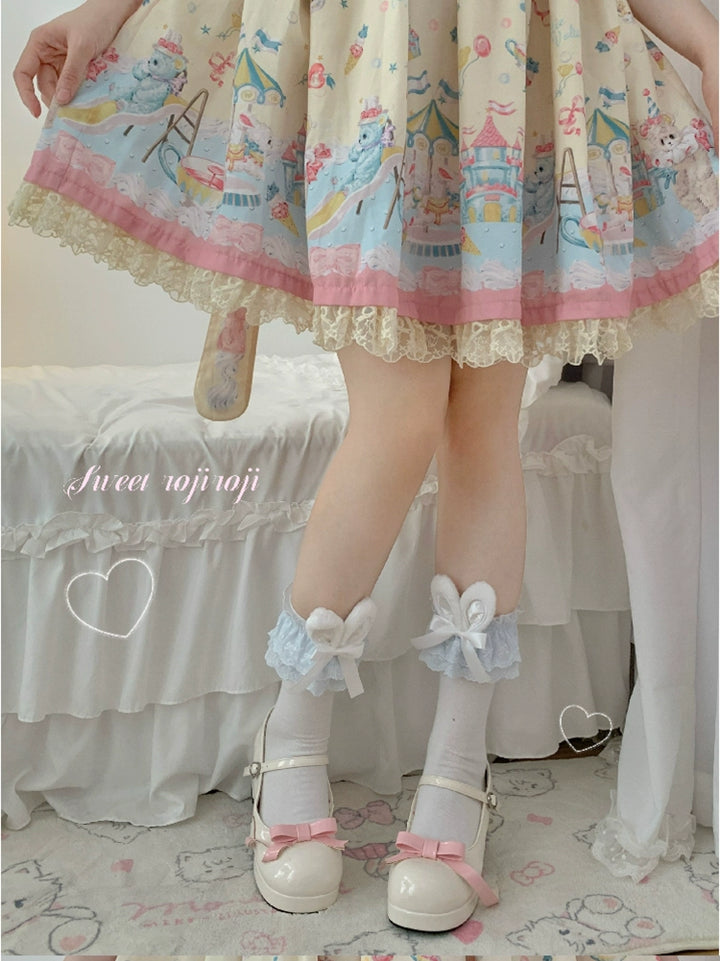 Roji roji~Cotton Lolita Bunny Ear Socks Summer Bow Short Socks   