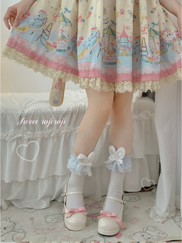 Roji roji~Cotton Lolita Bunny Ear Socks Summer Bow Short Socks   