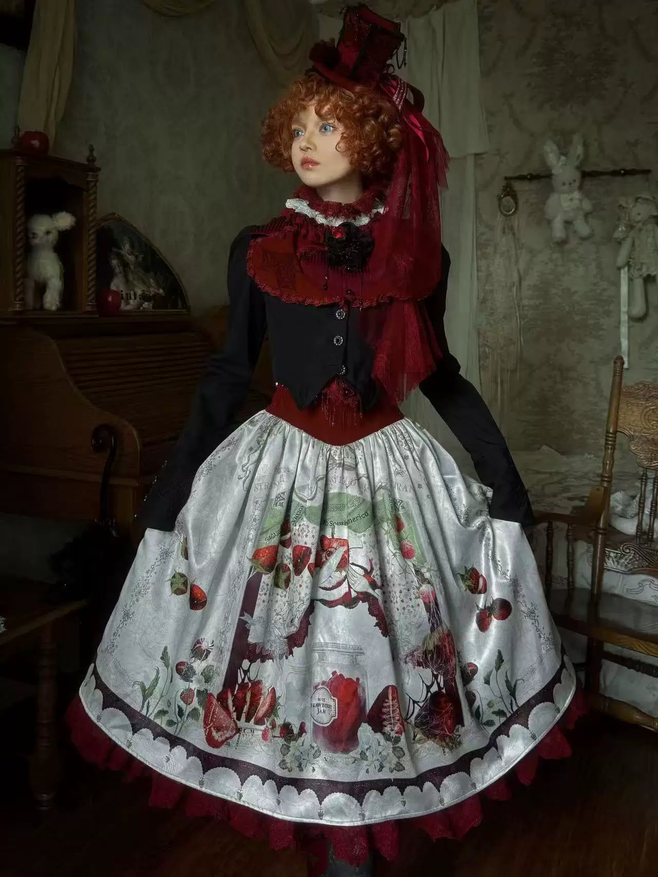 Monster Strawberry Hunt - Gothic Lolita Strawberry Printed Velvet Dress Set 45737:859862