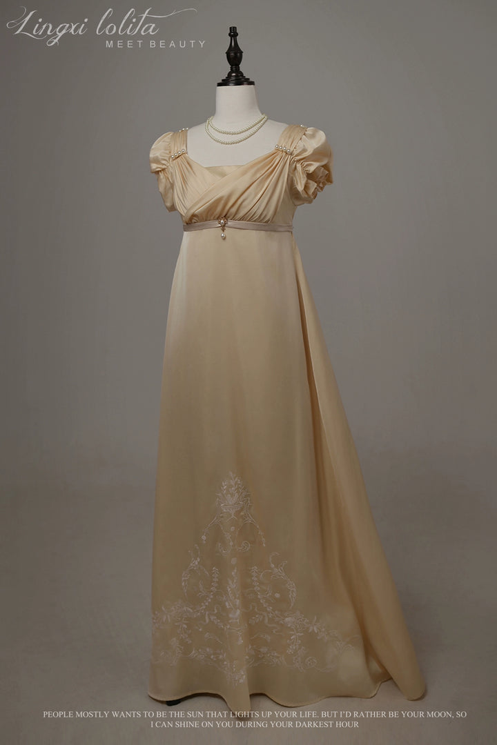 Lingxi Lolita~Ophelia~Vintage Lolita OP Dress Empire Waist Satin Dress One size fits all Champagne apricot 