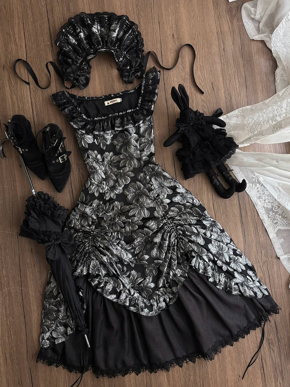 Midnight Lily - Gothic Lolita Lily Jacquard JSK Dress, Drawstring Lift-up Hem (2XL L M S XL XS) 45765:861803