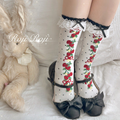 Roji Roji~Autumn Sweet Lolita Cotton Thigh-high Socks black short socks free size 