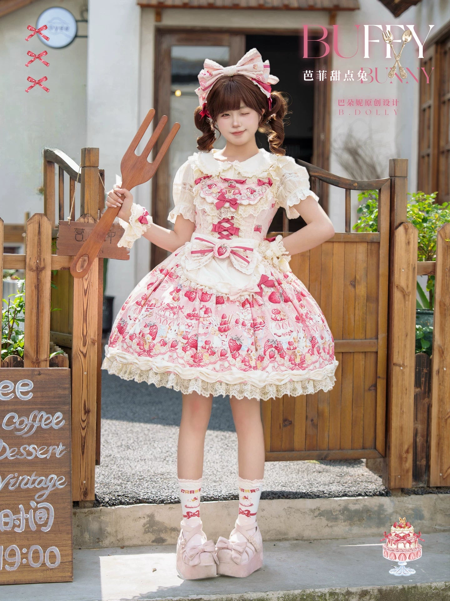 Bavarois Dessert Bunny - Sweet Lolita Strawberry Print JSK Dress 45546:855036