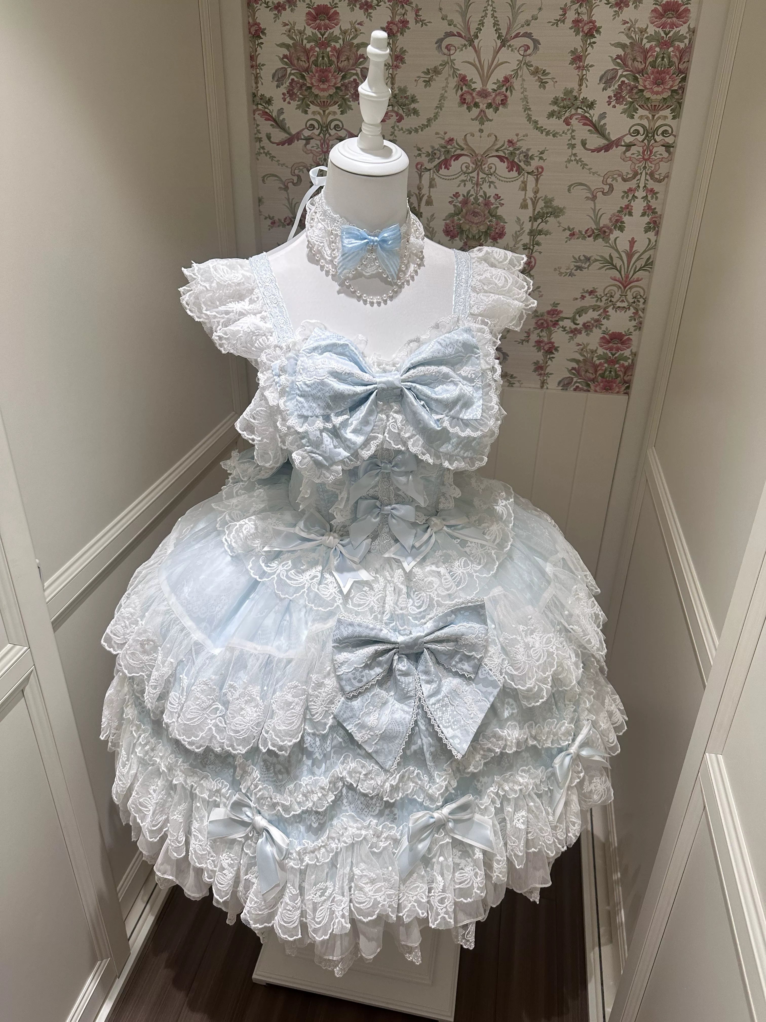 Sakura Blossom Dream - Dreamy Sweet Lolita JSK Dress, Abundant Lace & Bows Blue - JSK Only S