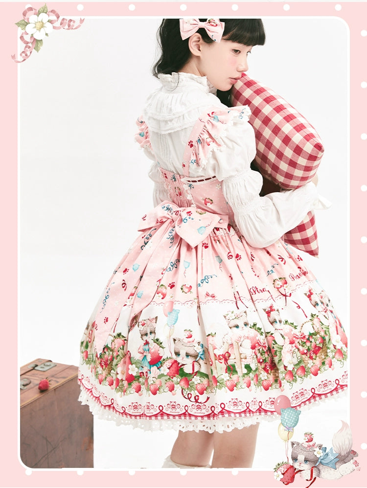 GD Lolita~Cat Strawberry Garden~Sweet Lolita Dress High Waist JSK Strawberry Print OP