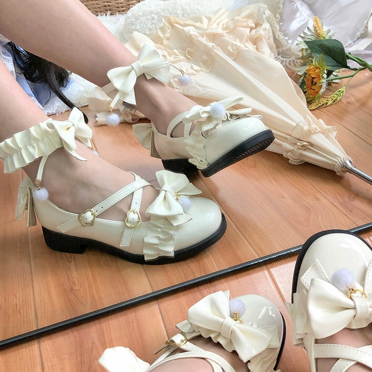 Fairy Godmothe - Preppy Style Flat Shoes Mid Heel Round Toe Lolita Shoes 34 Fine Shiny Cream-Mid Heel