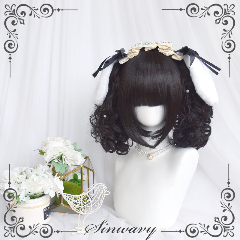 Sinwavy~Pandora's Box~Lolita Short Wig with Cute Double Ponytails black - doll curls, only a pair of ponytails  