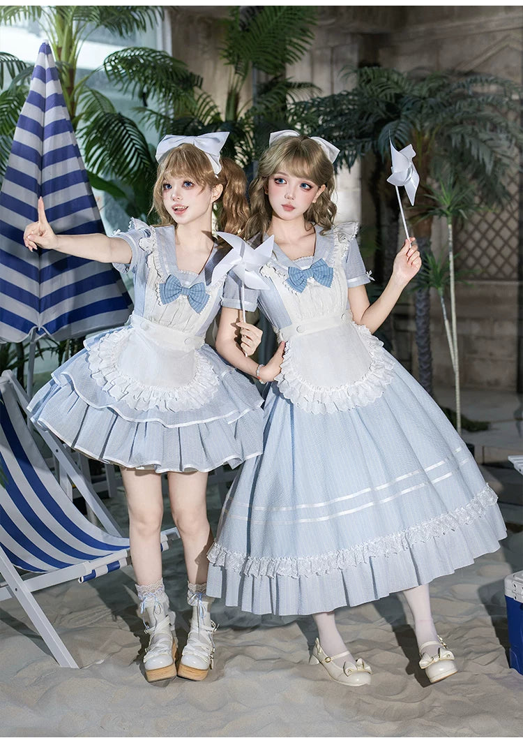 Seven-Day Bell - Blue Classic Lolita Striped OP Dress, Sailor Collar