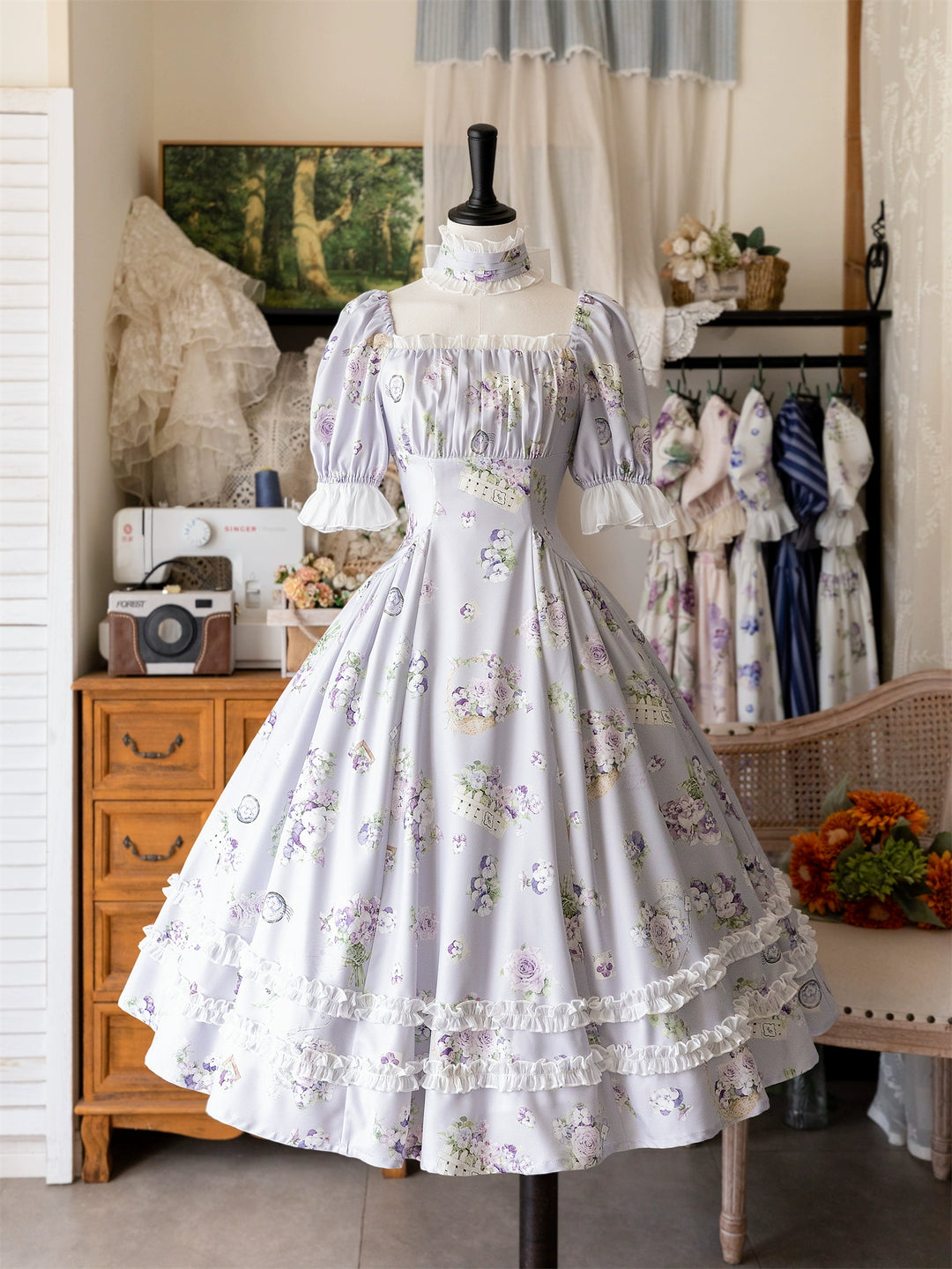 Forest Wardrobe~Forest Basket~Classic Lolita OP Dress Floral Print S Blue corydalis 