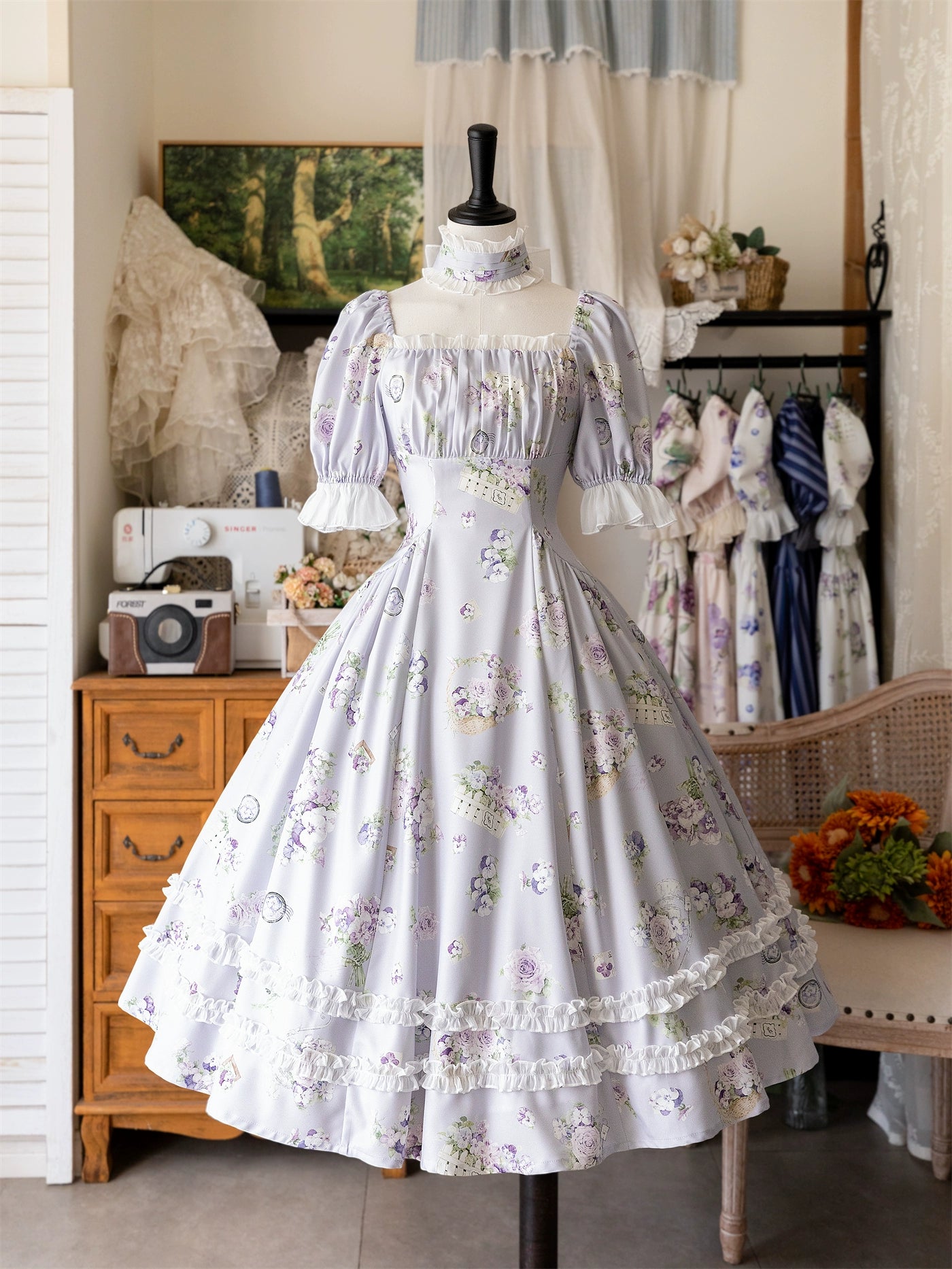 Forest Wardrobe - Forest Basket - Classic Lolita OP Dress Floral Print S Blue Corydalis