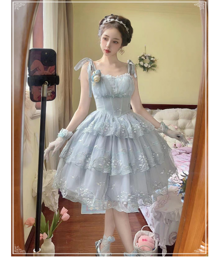 (BFM)MyuCat~Wind Whispers in Lilies~Elegant Lolita Dress Embroidered JSK S Light grey blue 