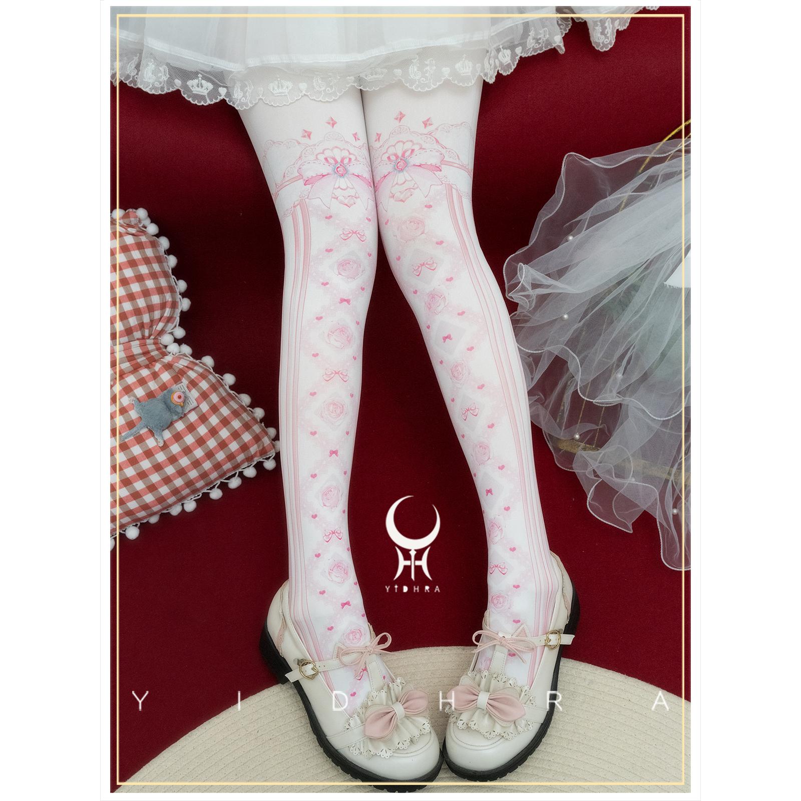 Yidhra - Sweet Entanglement - Gothic Lolita Pantyhose with Floral Prints Pink
