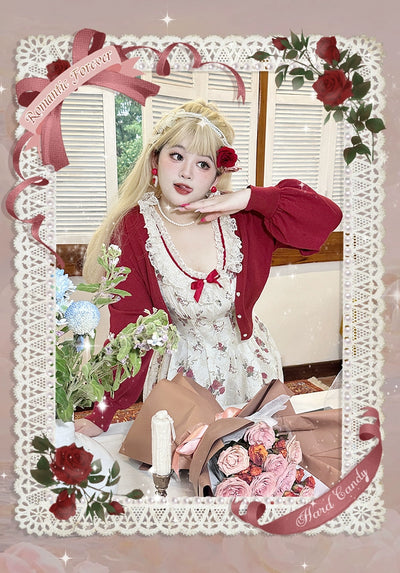 Yingtang~Plus Size Lolita Cardigan Set Elegant French Rose Print Dress 31448:375784