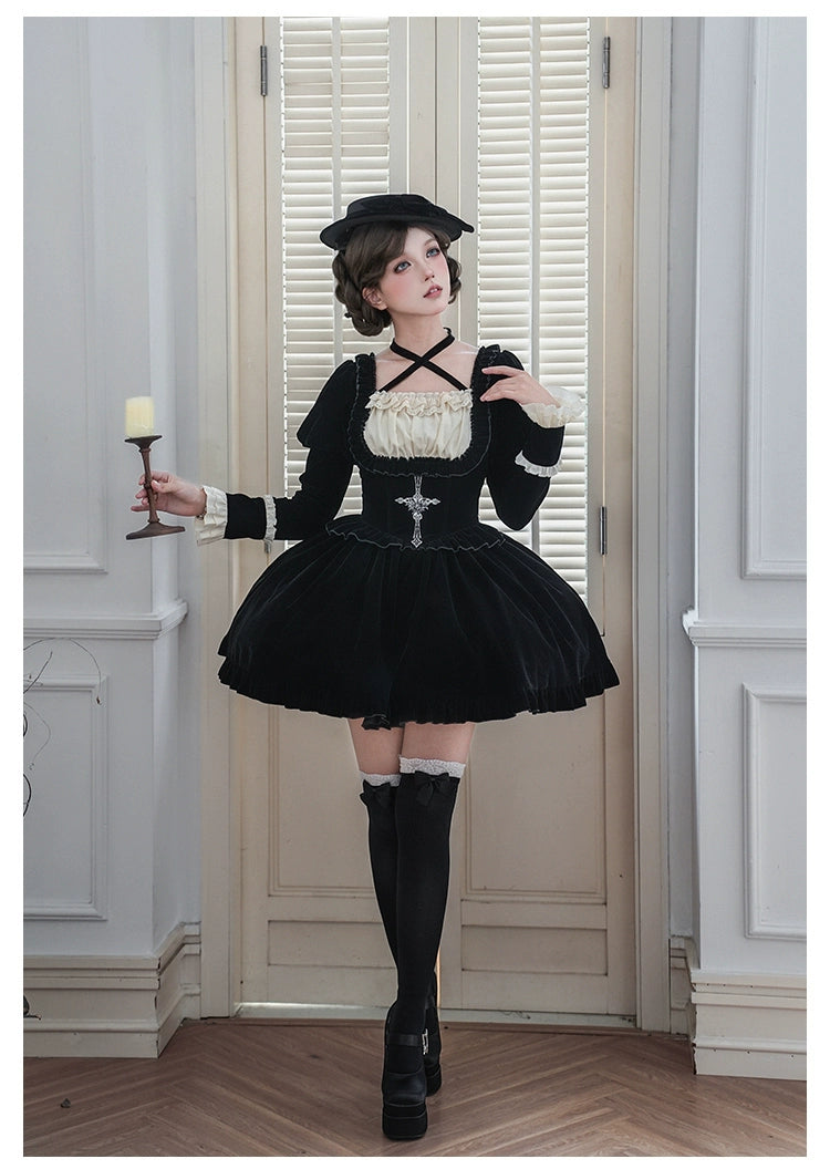 With PUJI - Apocalypse - Gothic Lolita Velvet OP Dress Set, Fishbone Waist 44128:797121