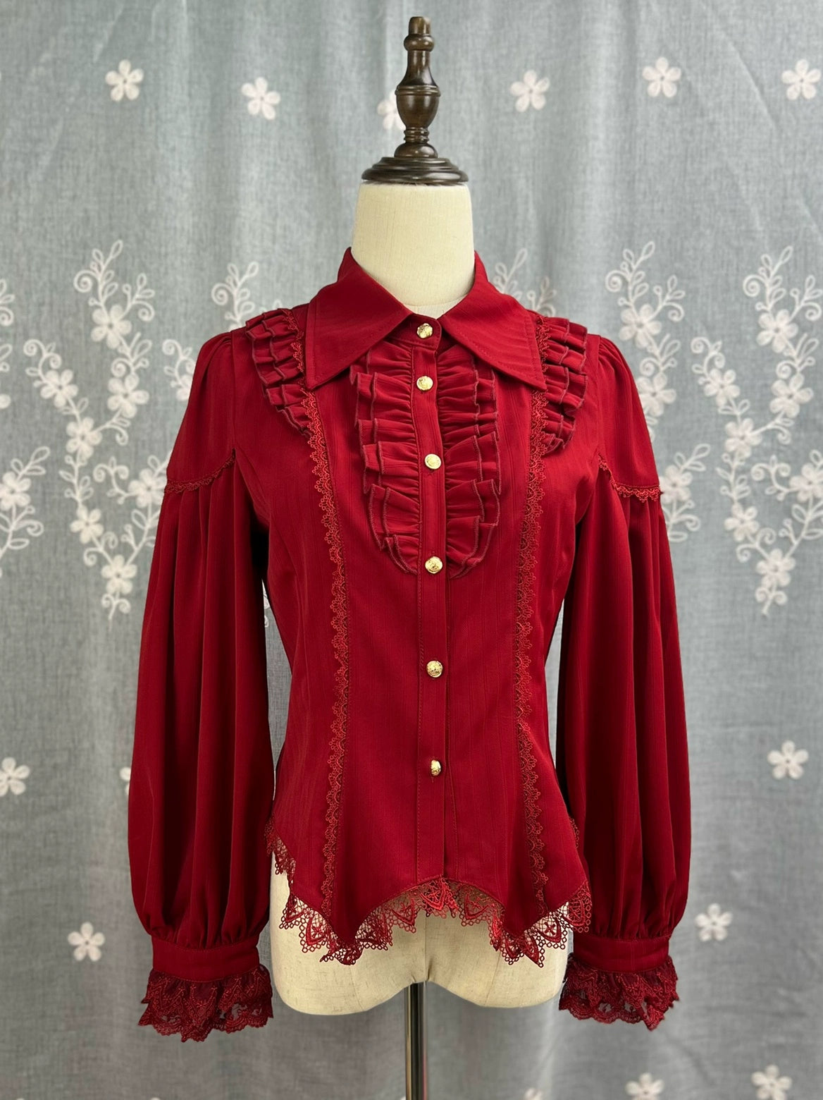 DMFS Lolita - Night Banquet - Pointed Collar Classic Lolita Shirt, Long Sleeve Burgundy S