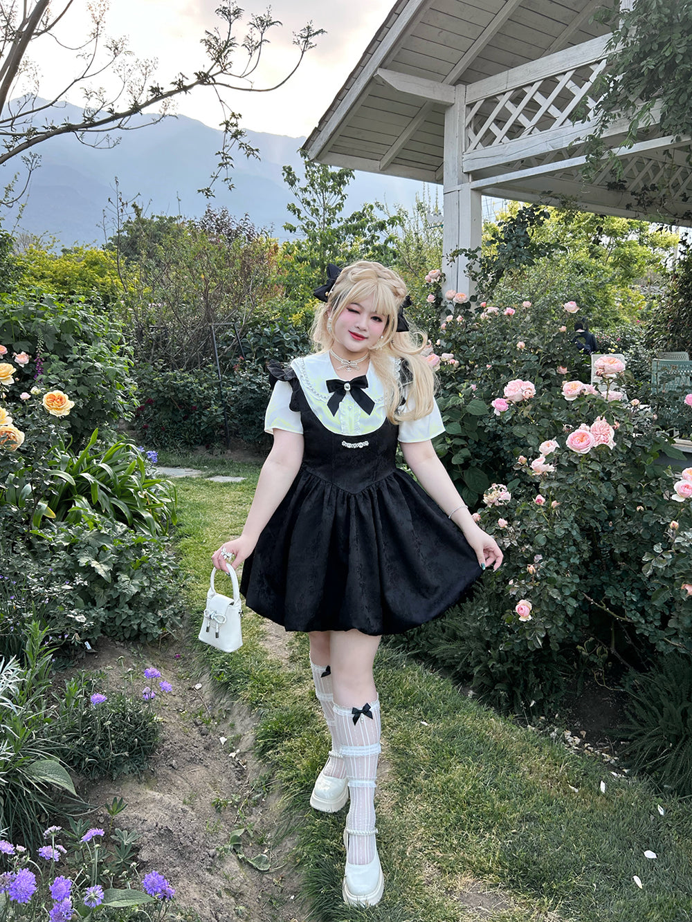 Yingtang~Plus Size Lolita Dress Set Short Sleeve Shirt   