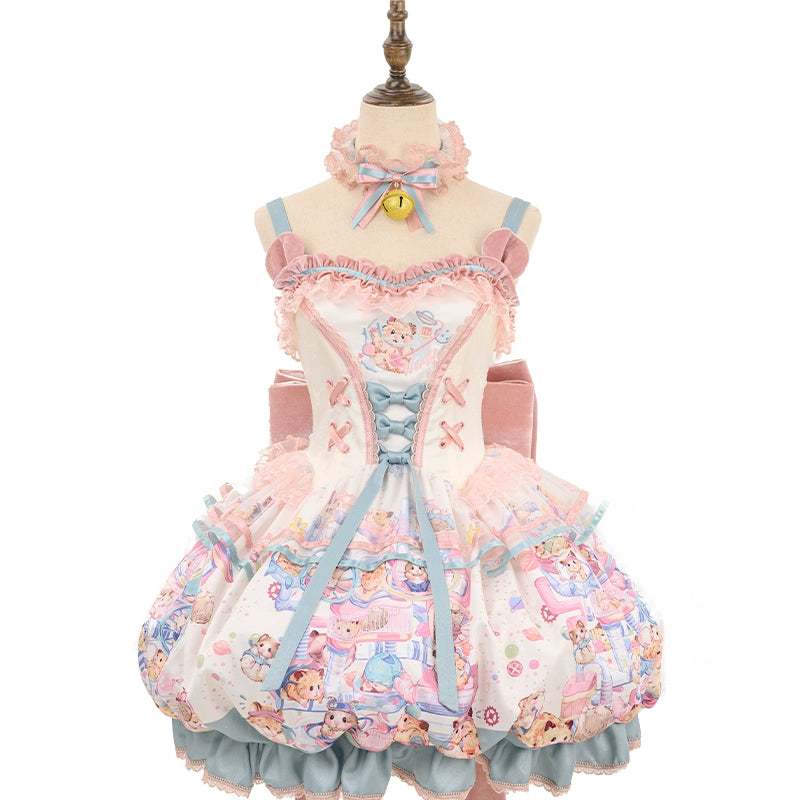 Mewroco~Vibrant Hamster~Sweet Lolita JSK Dress Floral Print Bud Skirt JSK (a JSK + a choker + a large back bow) S