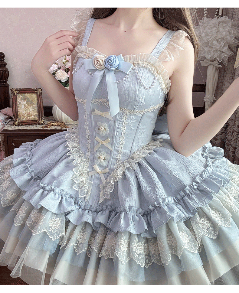 ZhiJinYuan - Fleeting Dreams - Ballet Style Sweet Lolita Mini JSK with Choker Blue JSK Only S