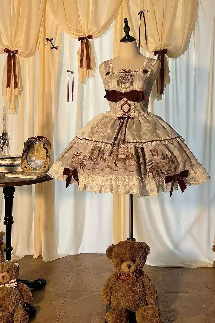 Alice Girl~Bear Castle~Sweet Lolita Dress Natural Waist JSK Grey Blue (Velvet version) XS 