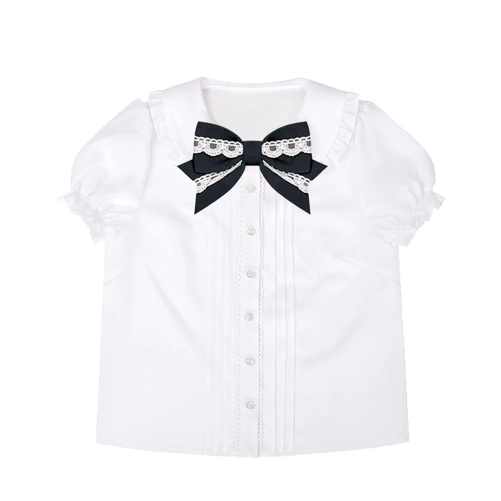 To Alice~Old School Lolita Salopette Suit Tiered Dress White shirt with black bow S