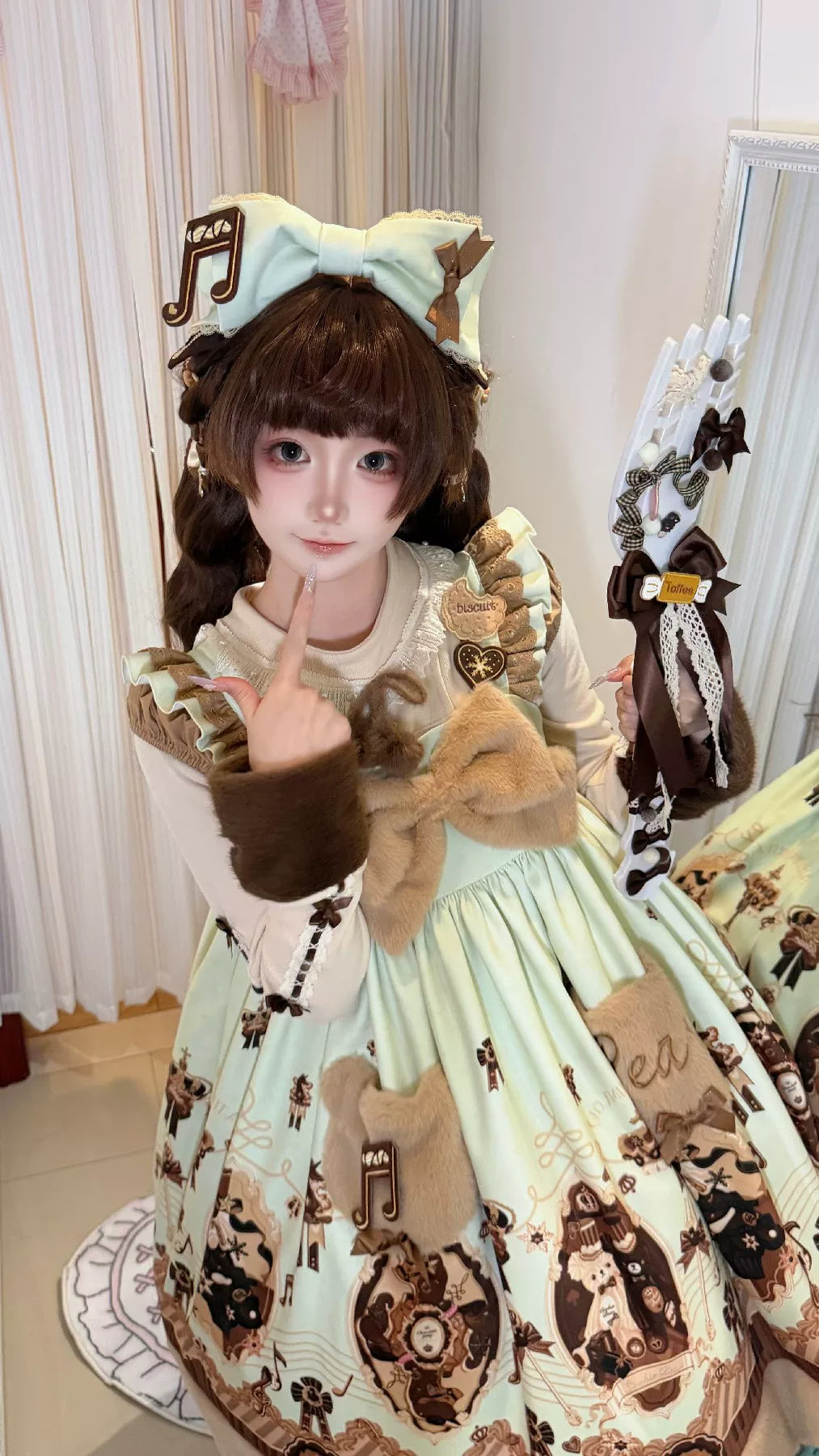 Cream Bear - Print Kawaii Lolita Fake Two-Piece OP, A-lined JSK Dress 44502:811622
