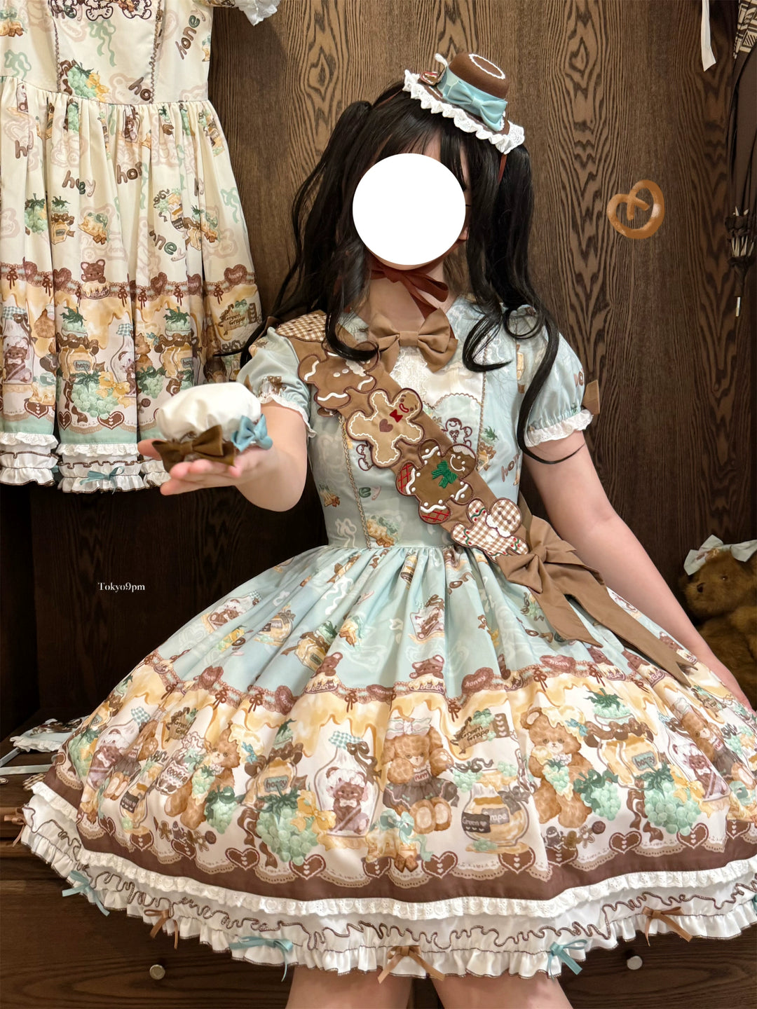 Babyblue~Little Bear Honey Jar~Kawaii Lolita Short Sleeve OP Gingerbread Man Embroidered Dress 40362:656932