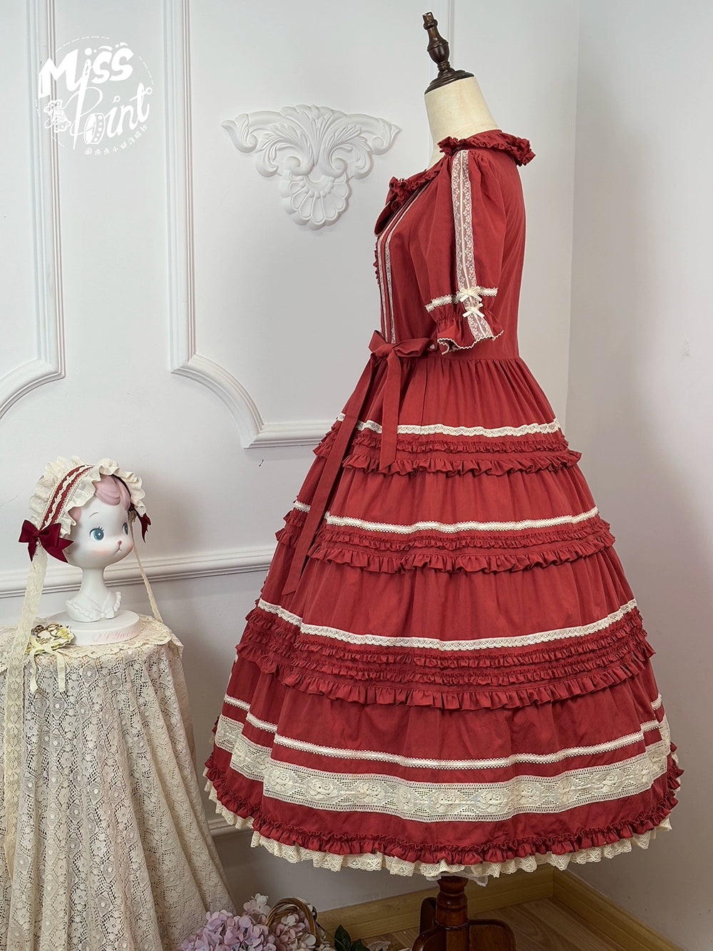 Miss Point~Cat Rose Tea~Elegant Lolita OP Open-front Short Sleeve Tiered Dress 42135:727833