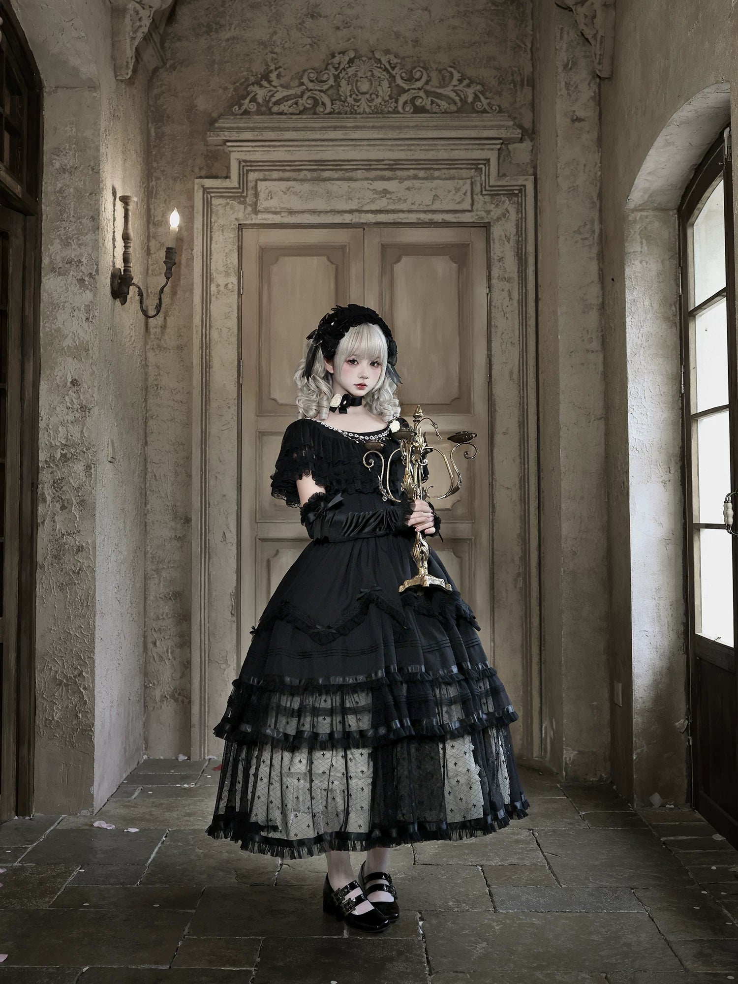 Classic Lolita OP Dress, Tulle Skirt with Cross Accent