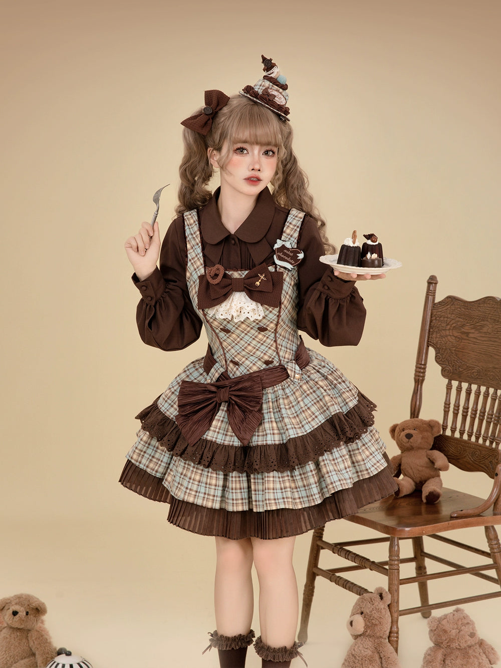 Tan Tuan - Chocolate Mint Day - Kawaii Lolita Jumper Dress, Tiered Ruffles, Sweater Cape