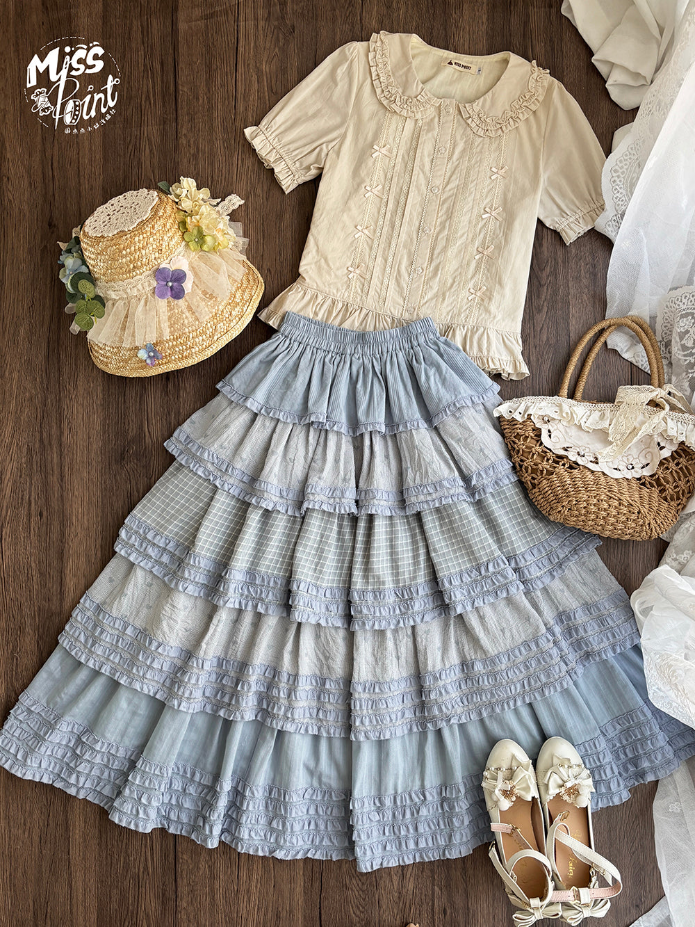 Miss Point~Garden Sunflower~Country Lolita SK Patchwork Tiered-Ruffles Skirt 42511:742970