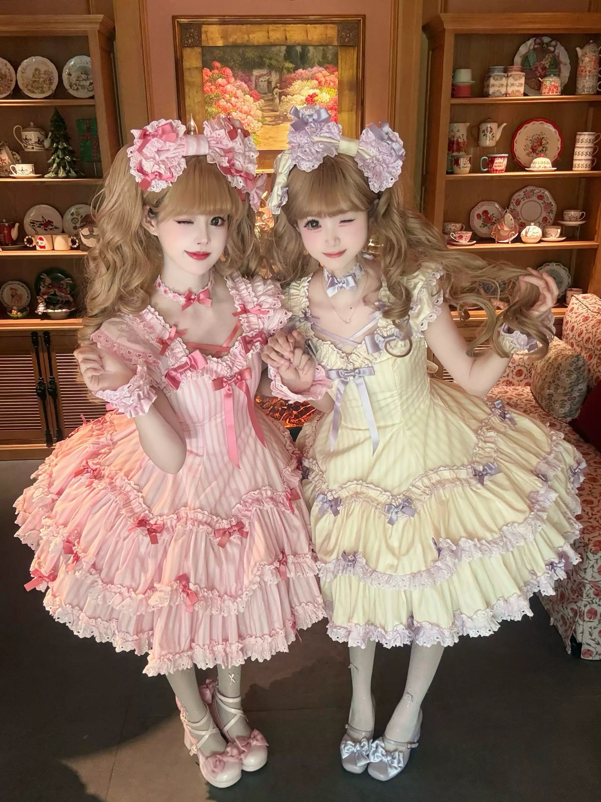 Eternal Girlhood - Six-Panel Old School Lolita Striped JSK & OP, Bow Accents 45811:863021