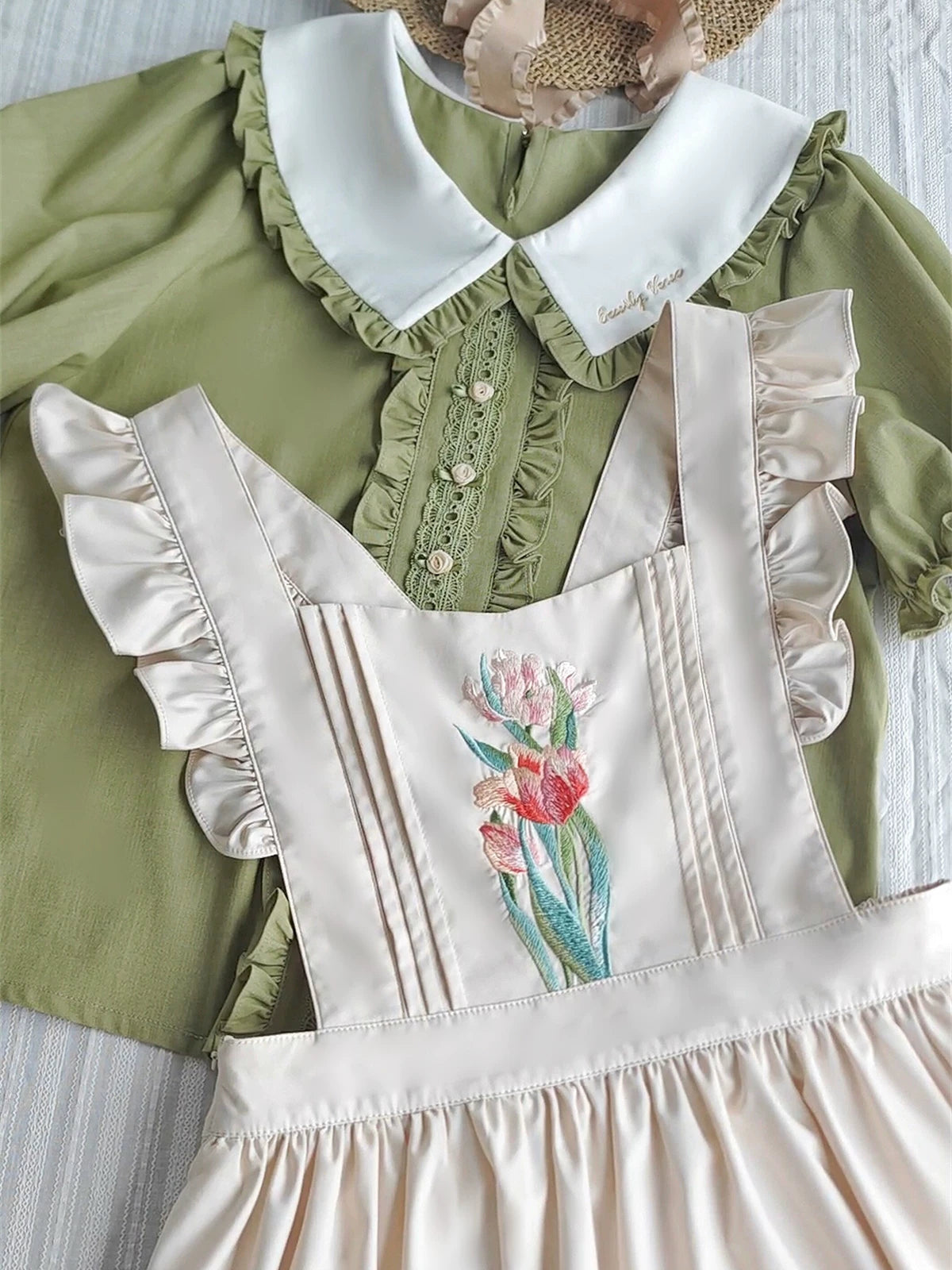 Little Florist - Classic Lolita Salopette Dress & Blouse Set, Tulip Embroidery 45833:864221