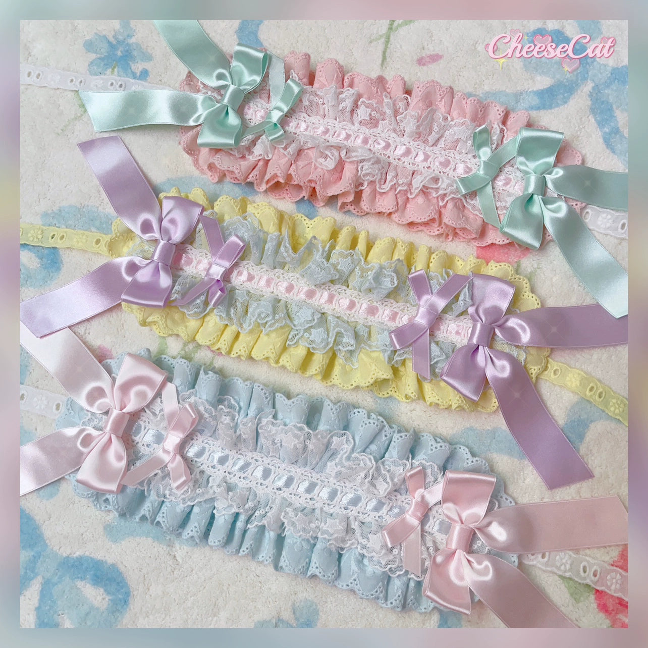(BFM)Cheese Cat~Sweet Lolita Headband Ribbon Bow Headbands Blue and White - Light Pink Bow  