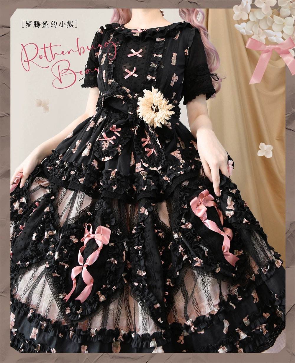 MONO GIRL~Rottengburg Bear~Sweet Lolita JSK Print Hollow-out Ruffles Dress 40730:674884