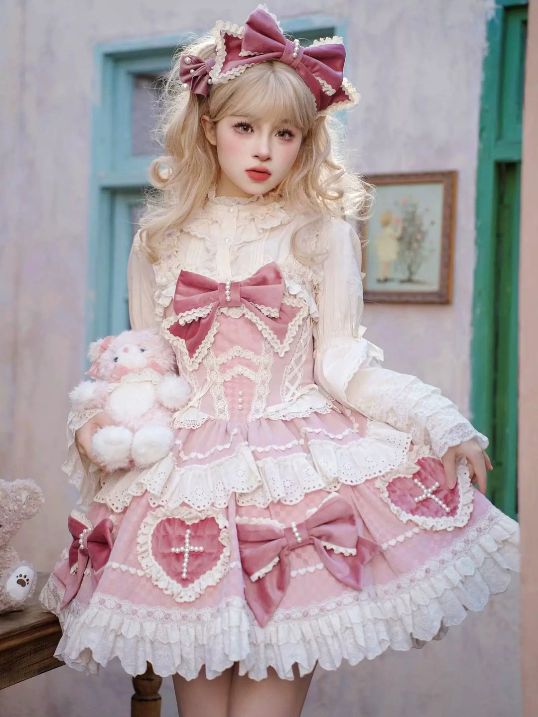 Sakurahime~Cross Sweetheart~Pink Sweet Lolita JSK Dress Doll Lolita Short Dress